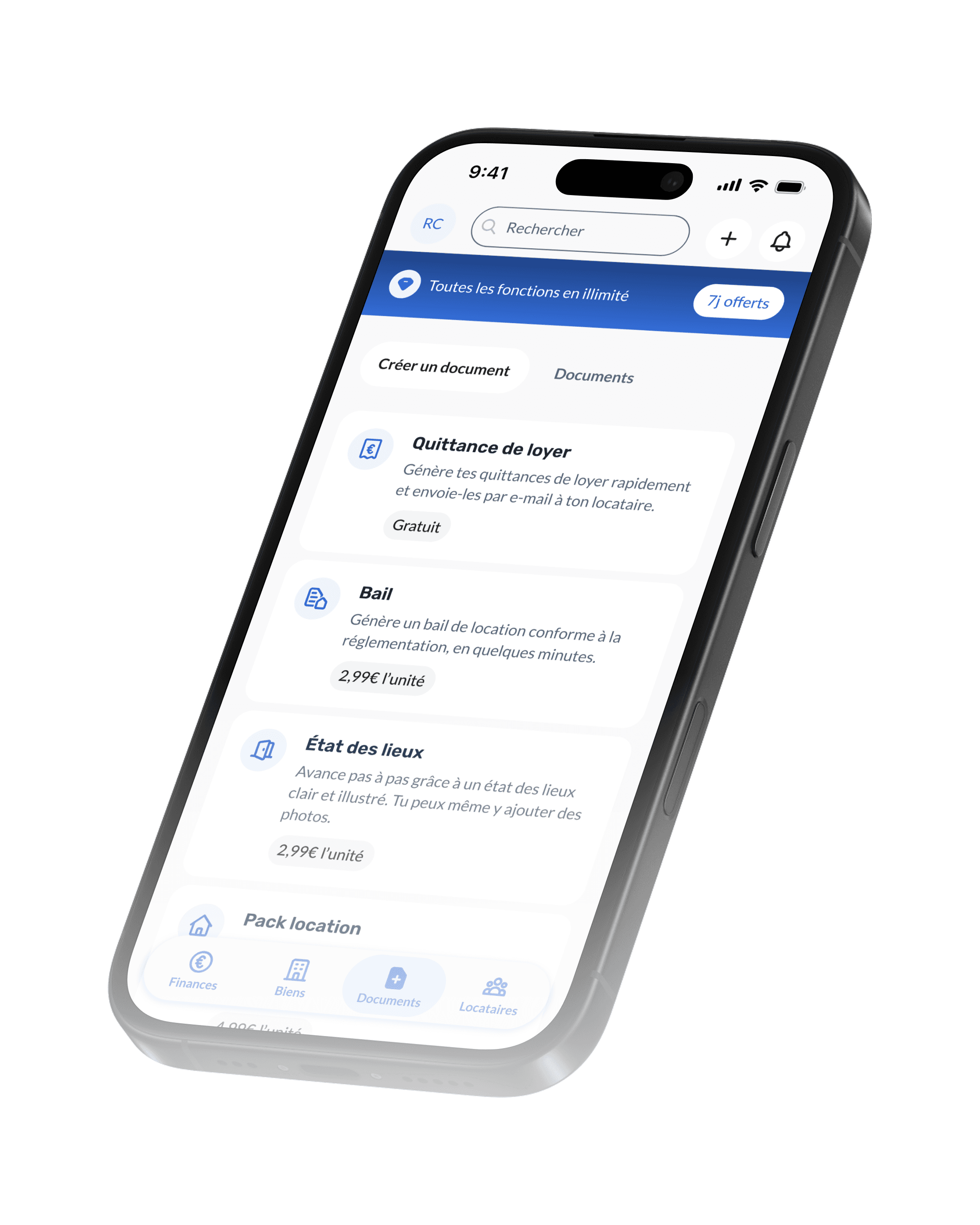 Application mobile Barak de gestion locative - Interface de création de documents pour propriétaires avec génération de quittances de loyer, baux et états des lieux
